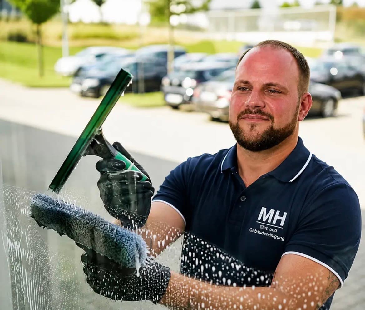 Marcel Herrmann reinigt im MH-Poloshirt eine Glasfassade mit Abzieher und Nass-Mop